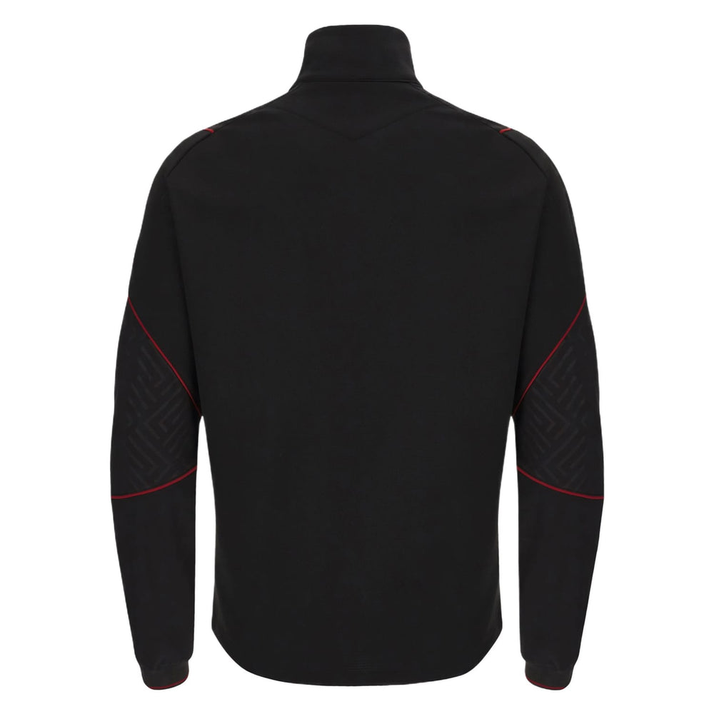 Felpa Macron Rugby Galles 2024 nera con zip mezza lunghezza e dettagli rossi.