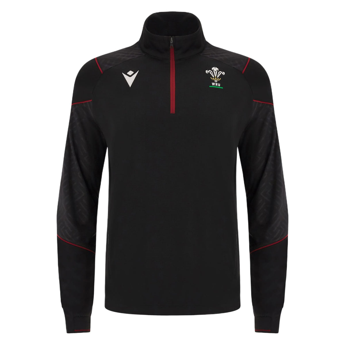 Felpa Macron 3D mezza zip da rugby del Galles 2024, nera, con logo WRU.
