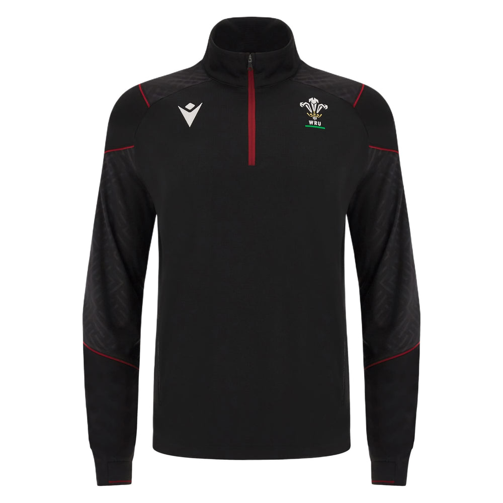 Felpa Macron 3D mezza zip da rugby del Galles 2024, nera, con logo WRU.