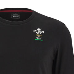 Maglia rugby Galles Macron nera con stemma WRU, cotone, collezione M23-24.