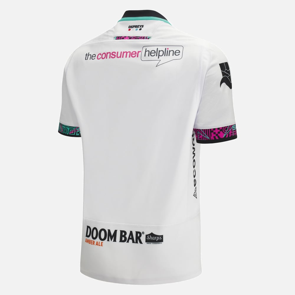 Maglia da rugby Ospreys 2024 Away: maglia da rugby bianca, vista posteriore, con loghi degli sponsor.
