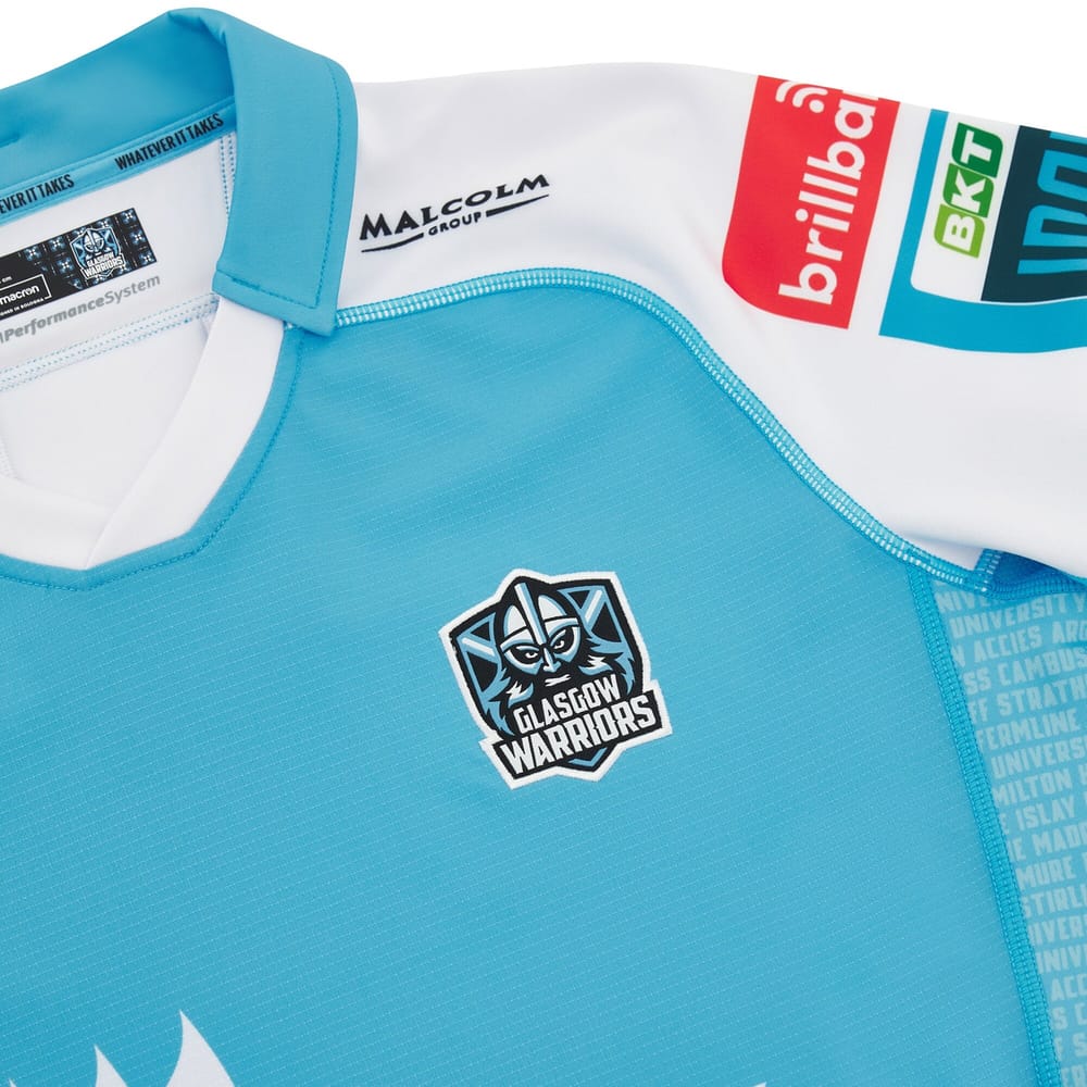 Maglia rugby Glasgow Warriors Away 2023/24 Macron autentica, celeste e blu.