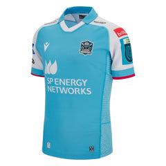 Maglia rugby Glasgow Warriors Away Authentic M24 azzurra con logo e sponsor.