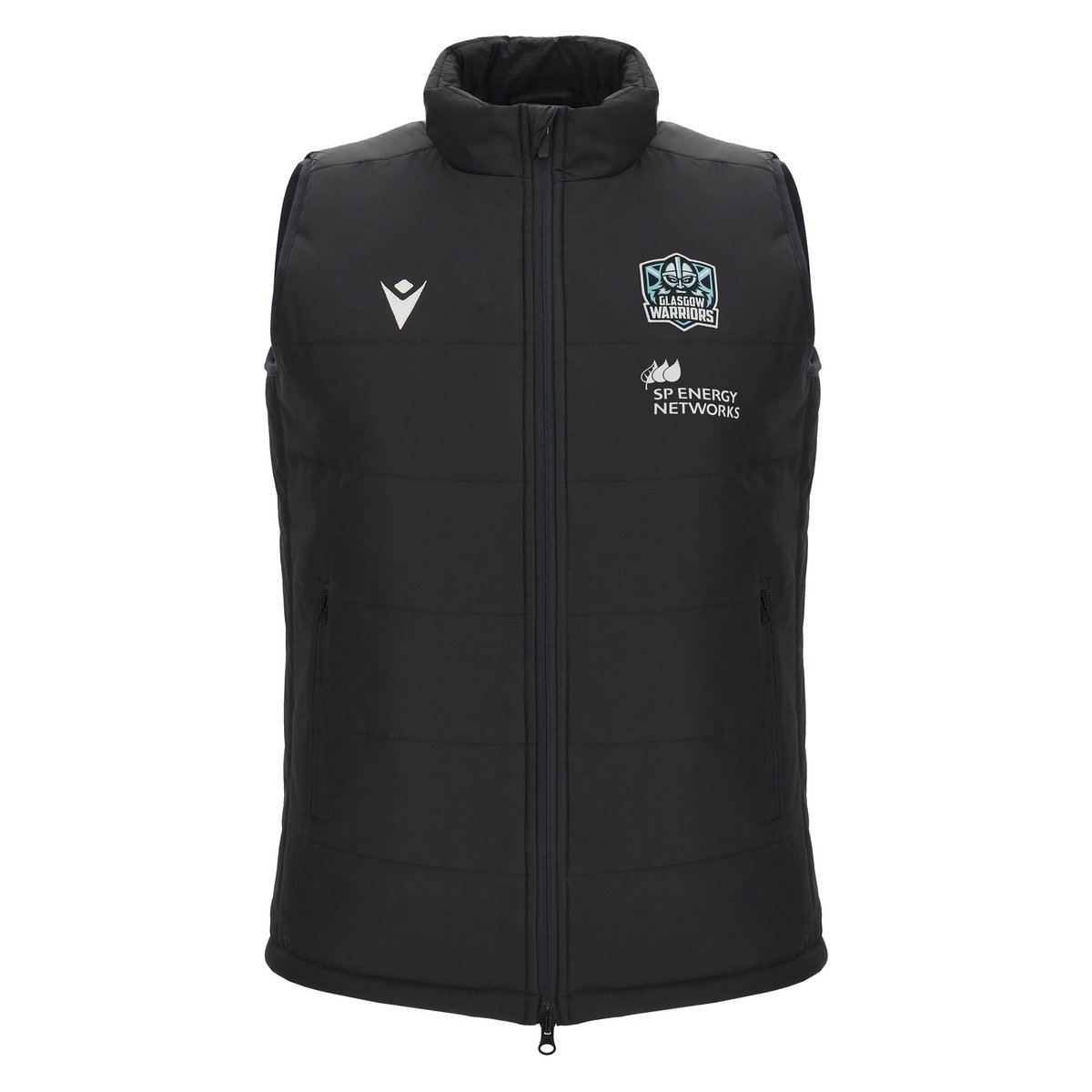 Gilet smanicato nero Glasgow Warriors da uomo, logo Macron e SP Energy Networks.