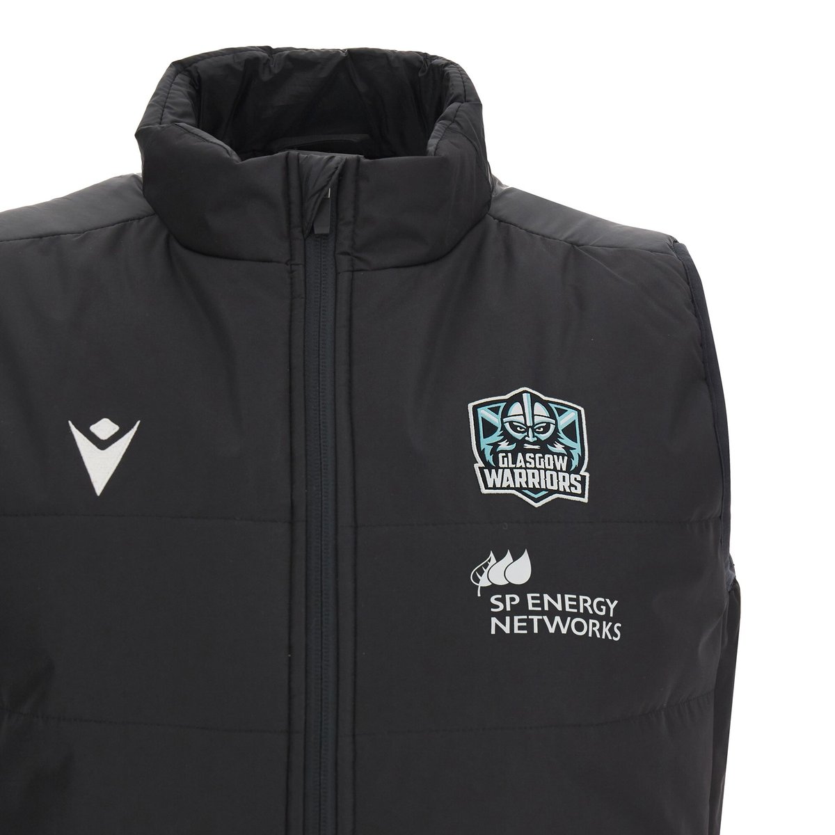 Gilet smanicato nero Glasgow Warriors con logo Macron e sponsor SP Energy Networks.