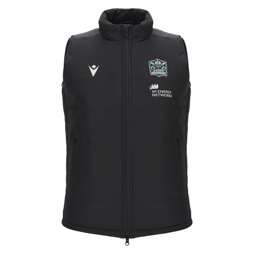 Gilet smanicato nero Glasgow Warriors da uomo, logo Macron e SP Energy Networks.