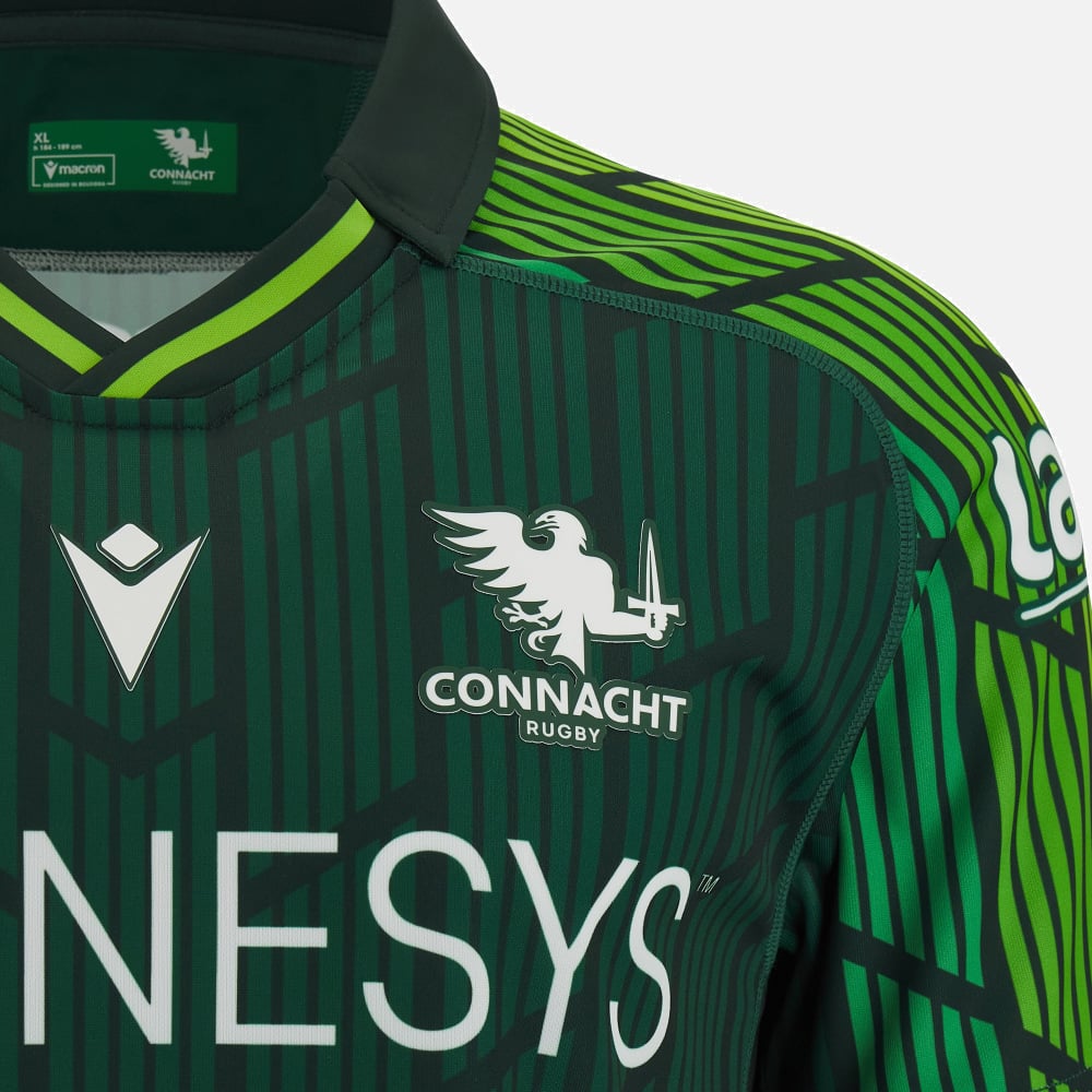 Maglia Connacht Rugby Home PRO 2024: maglia da rugby verde con logo della squadra e dettagli dello sponsor.