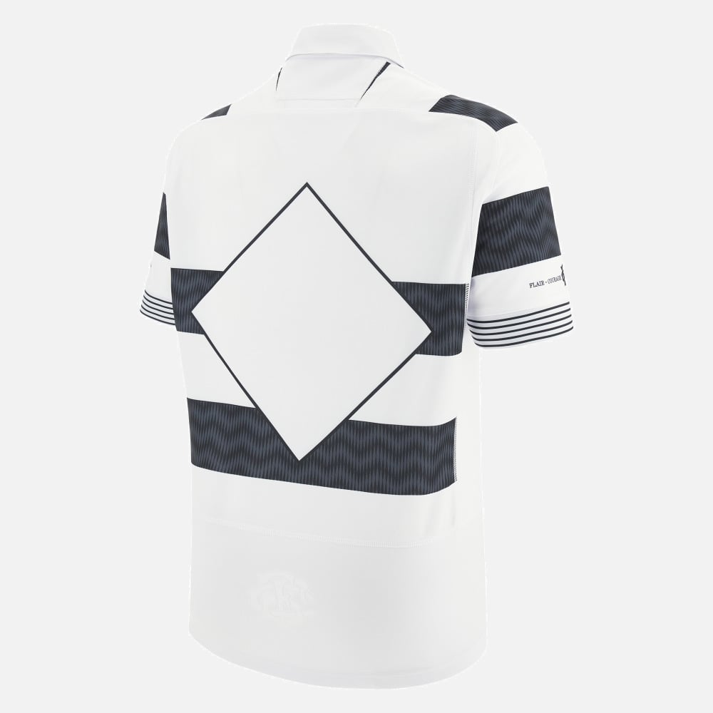 Maglia da rugby bambino Barbarians home pro, bianca con rombo e bande blu.