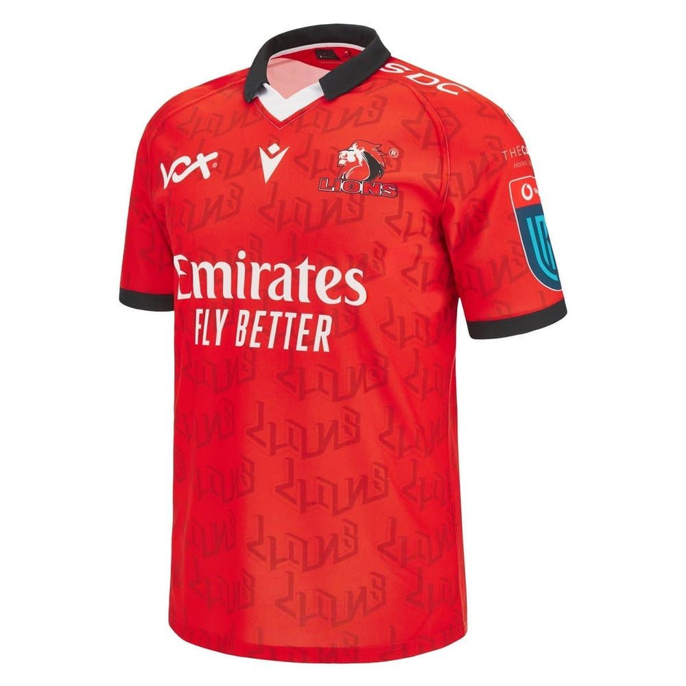 Maglia da rugby Lions Emirates Home 2024 da uomo, rossa con logo e sponsor.