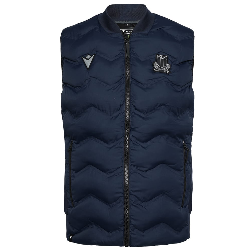 Gilet imbottito blu navy Macron Italia Rugby FIR, con logo ricamato.