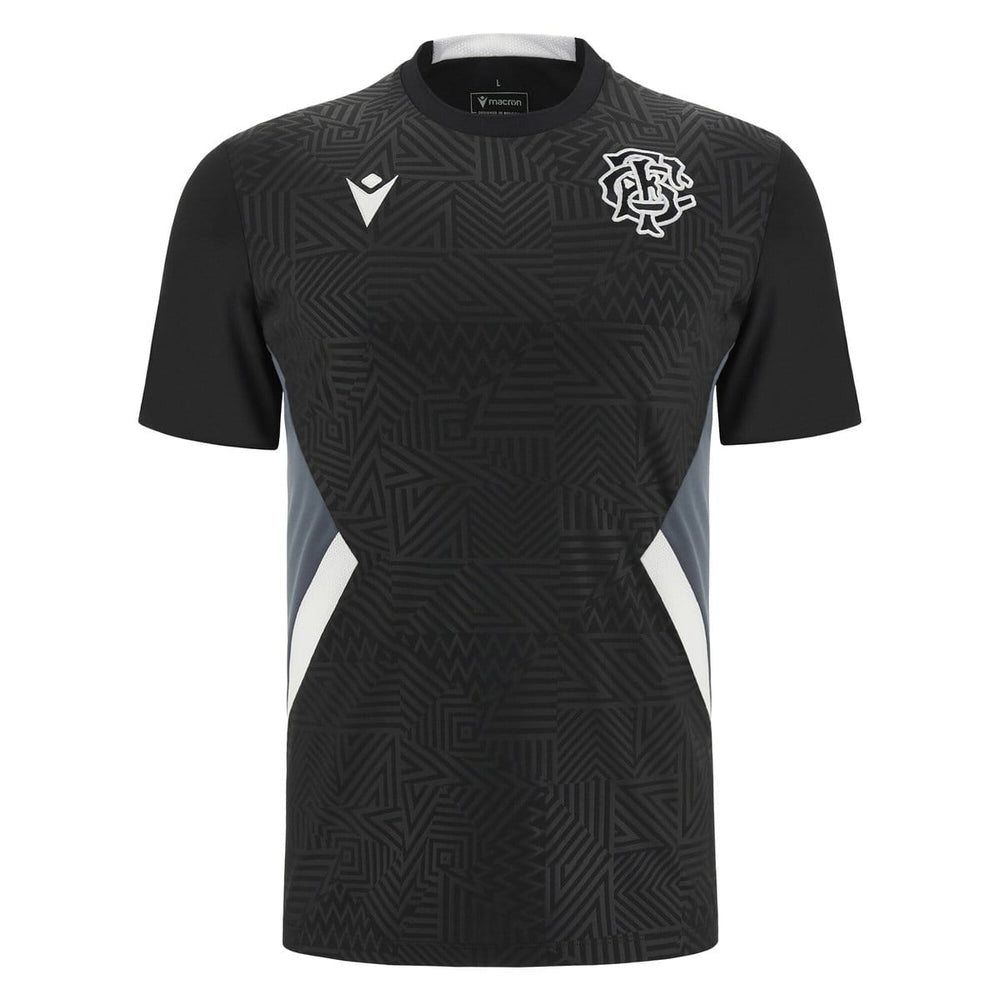 Maglia da allenamento Macron Rugby Barbarians 2023-24 nera con dettagli geometrici.