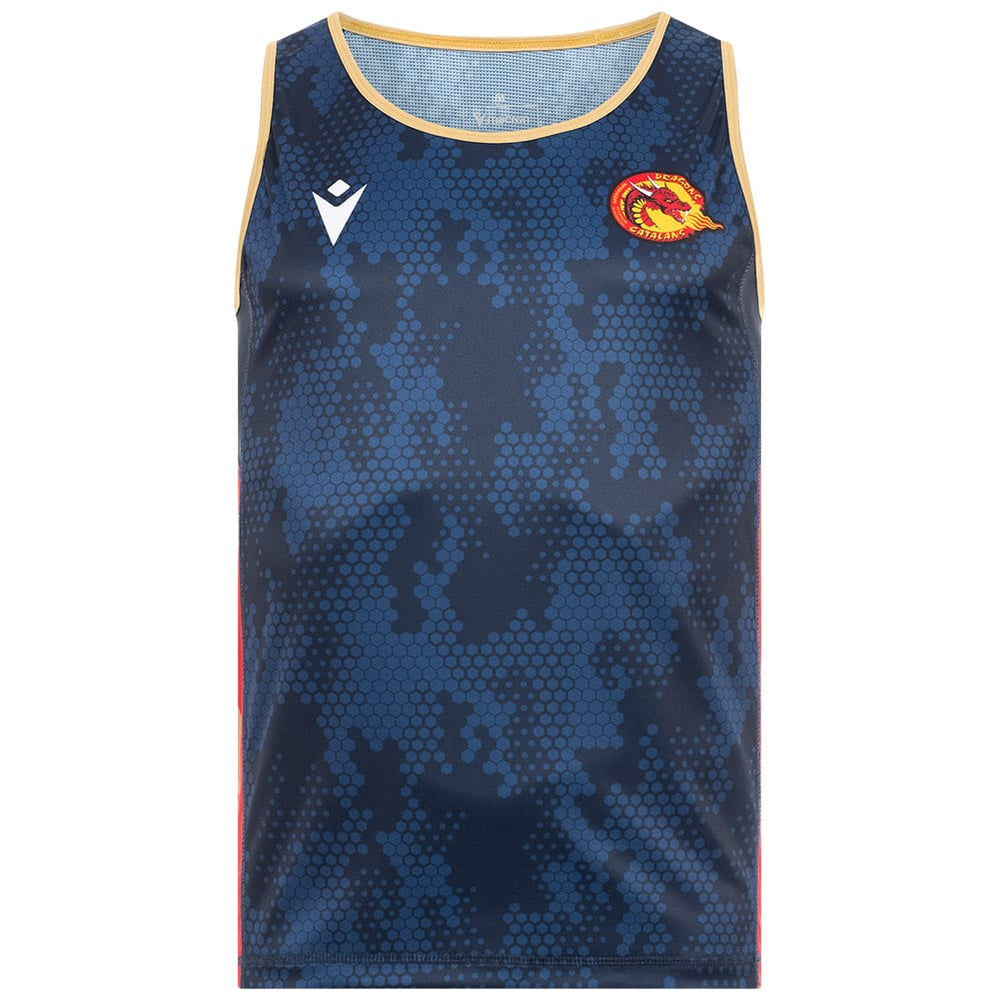 Canottiera training rugby Macron Dragons Catalans blu con inserti rossi.