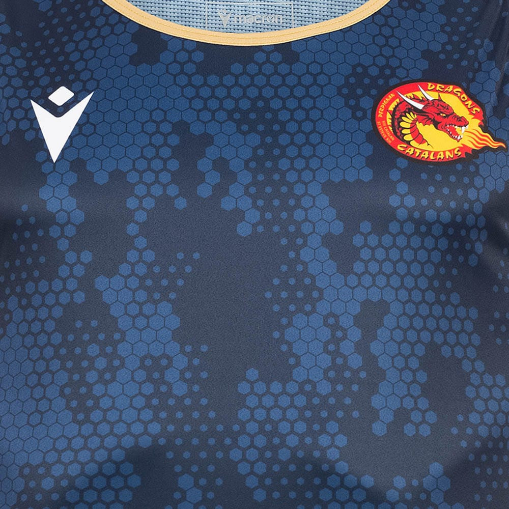 Canottiera da allenamento Macron Dragons Catalans blu con logo.