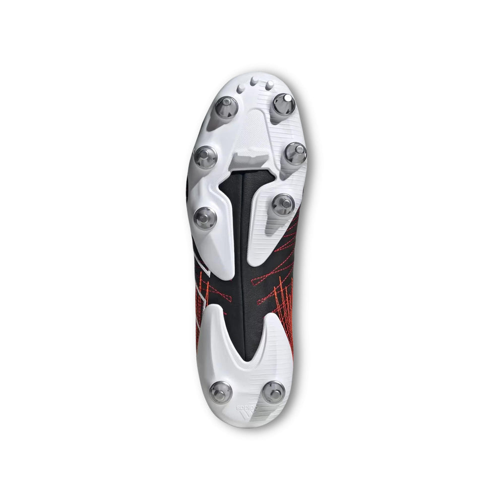 Suola scarpini da rugby Adidas Kakari SG elite, nero e rosso, con tacchetti metallici.