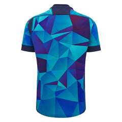 Maglia training rugby Scozia 24/25 blu con fantasia geometrica astratta.
