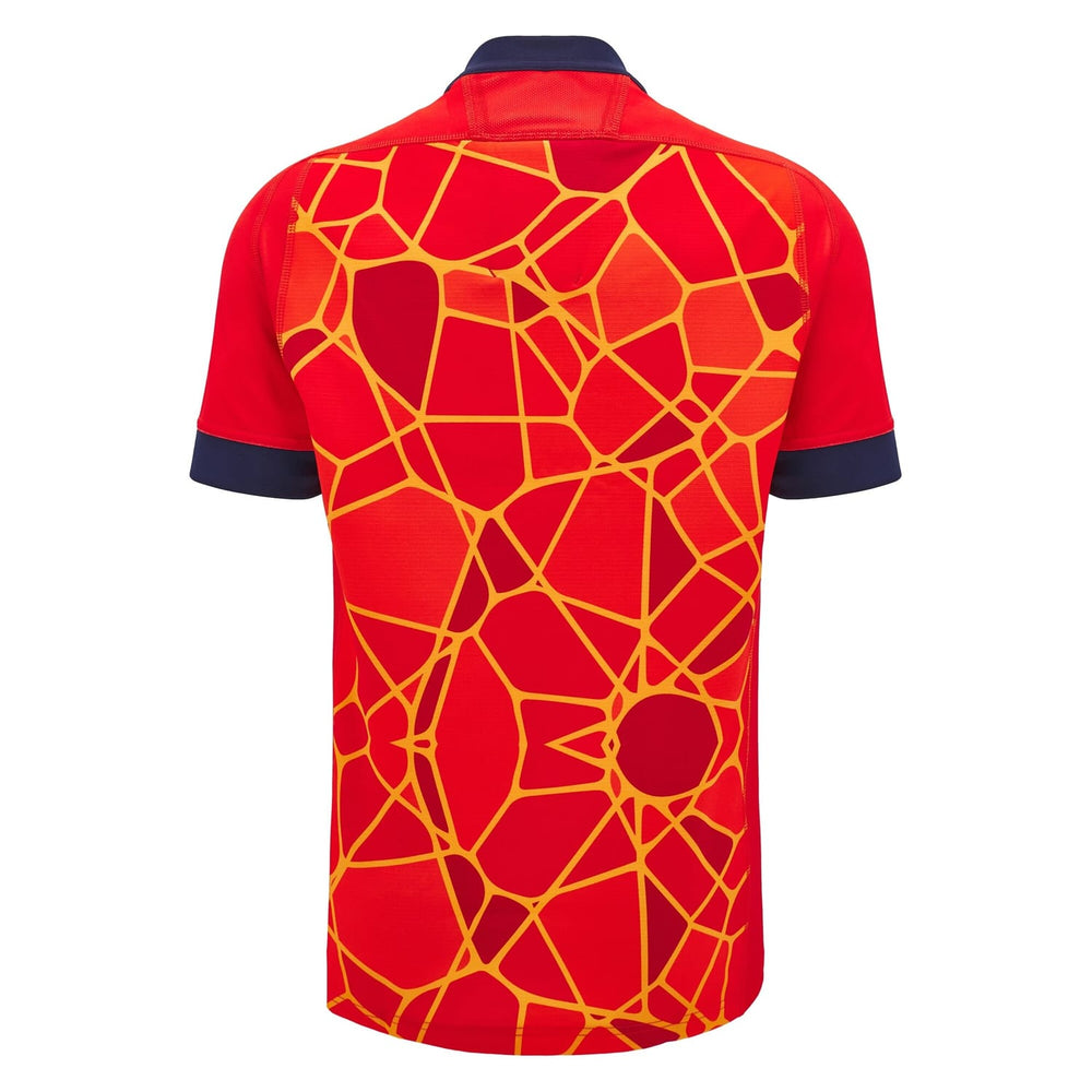 Maglia training rugby Scozia M24-25 rossa con grafica geometrica gialla.