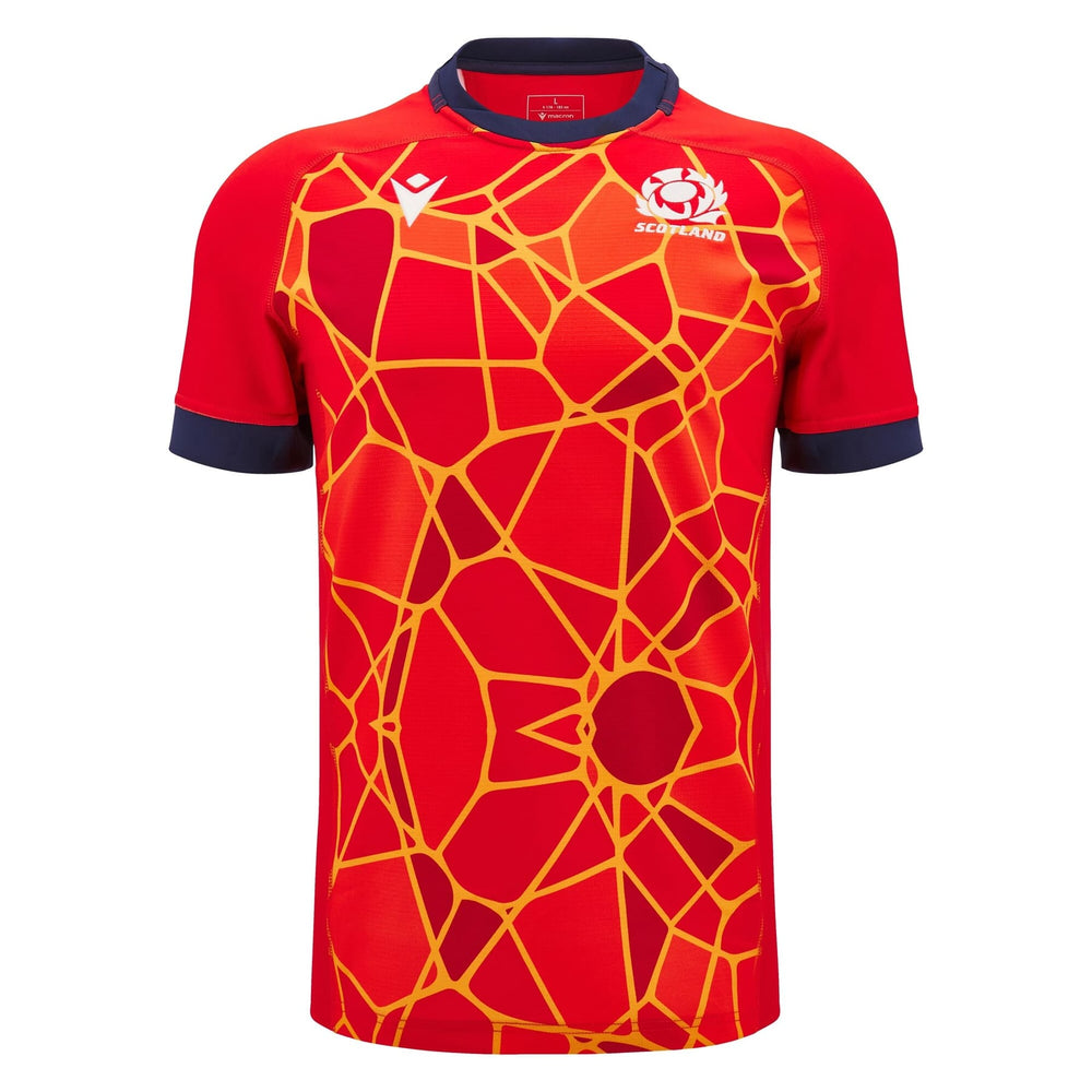 Maglia Rugby Scozia Training Macron rossa con grafica astratta gialla, stagione M24-25.