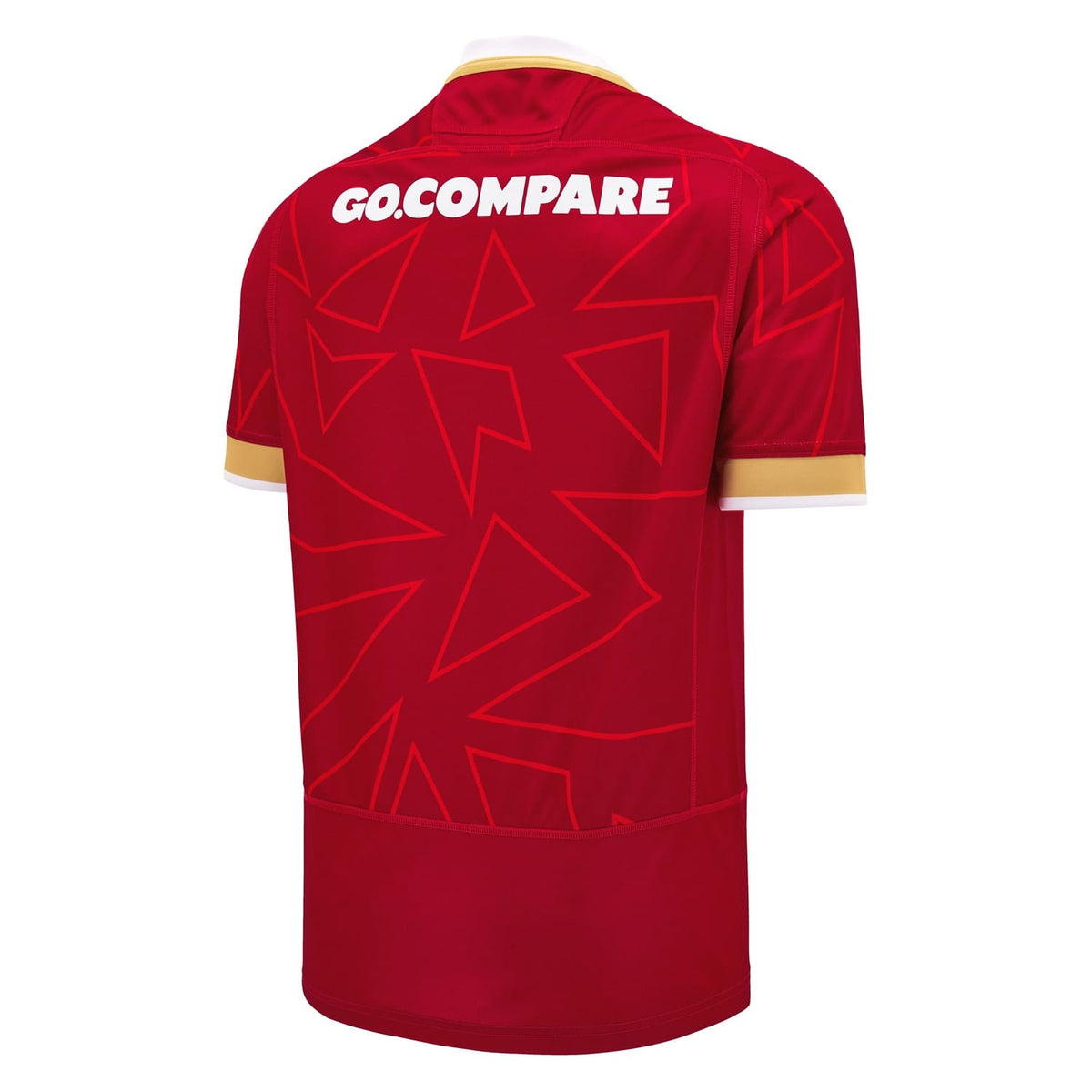 Maglia Rugby Galles 2026 Pathway Home Ragazzo: Maglia da rugby rossa del Galles per ragazzi con design geometrico, logo dello sponsor Go Compare.