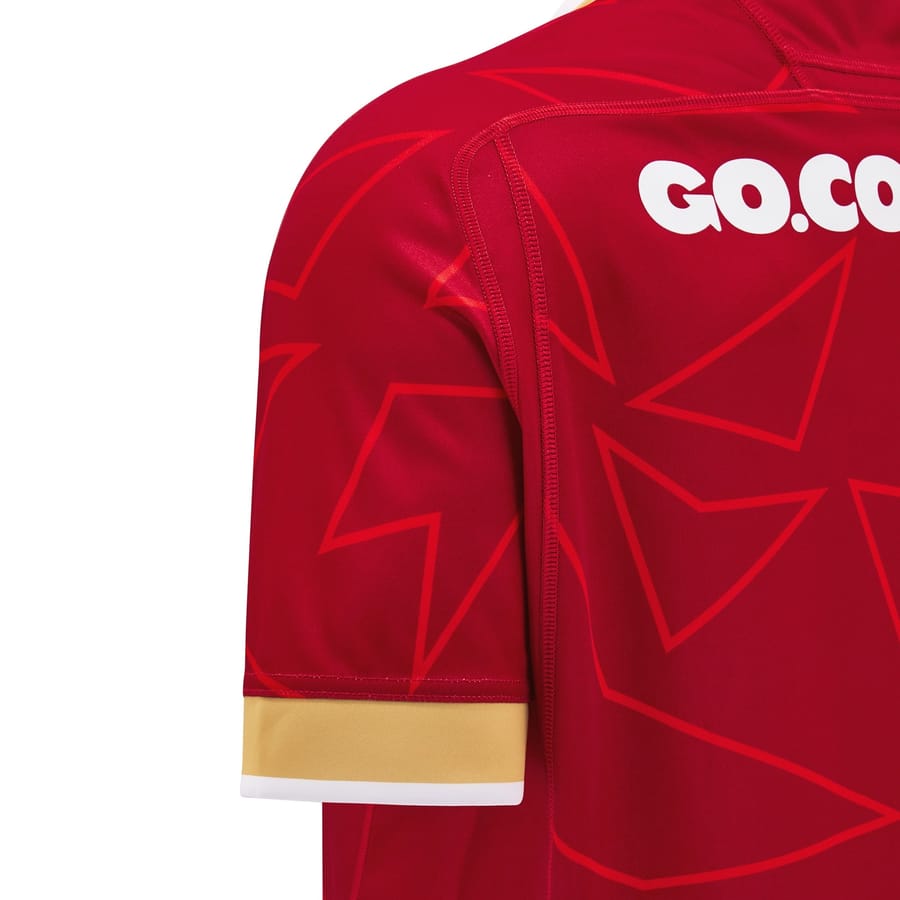 Maglia Rugby Galles 2026 Pathway Home Ragazzo: Maglia da rugby giovanile rossa con dettagli oro e bianchi. Logo sponsor GO.CO visibile.