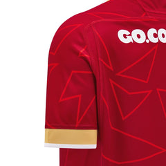 Maglia Rugby Galles 2026 Pathway Home Ragazzo: Maglia da rugby giovanile rossa con dettagli oro e bianchi. Logo sponsor GO.CO visibile.