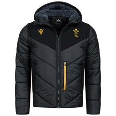 Bomber imbottito nero e oro Galles Rugby Elite con cappuccio e logo WRU.