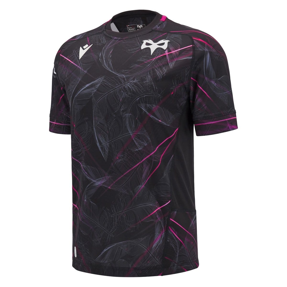 Maglia rugby Ospreys home Macron M24-25 ufficiale, nera con dettagli fucsia.