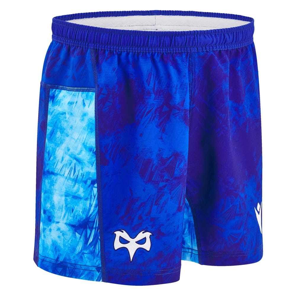 Pantaloncini da rugby Ospreys ufficiali, blu con fantasia tie-dye e logo.