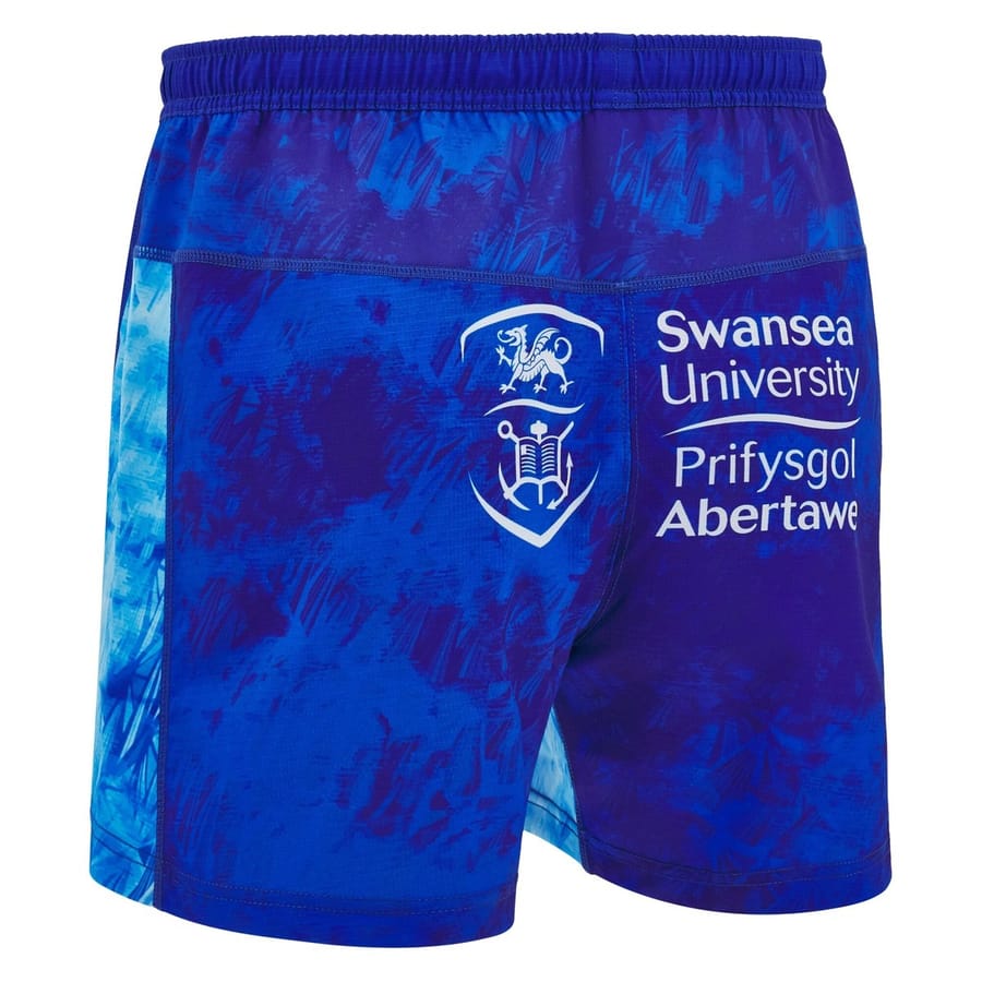Pantaloncini ufficiali da gara Ospreys Rugby Swansea University blu con stampa astratta.