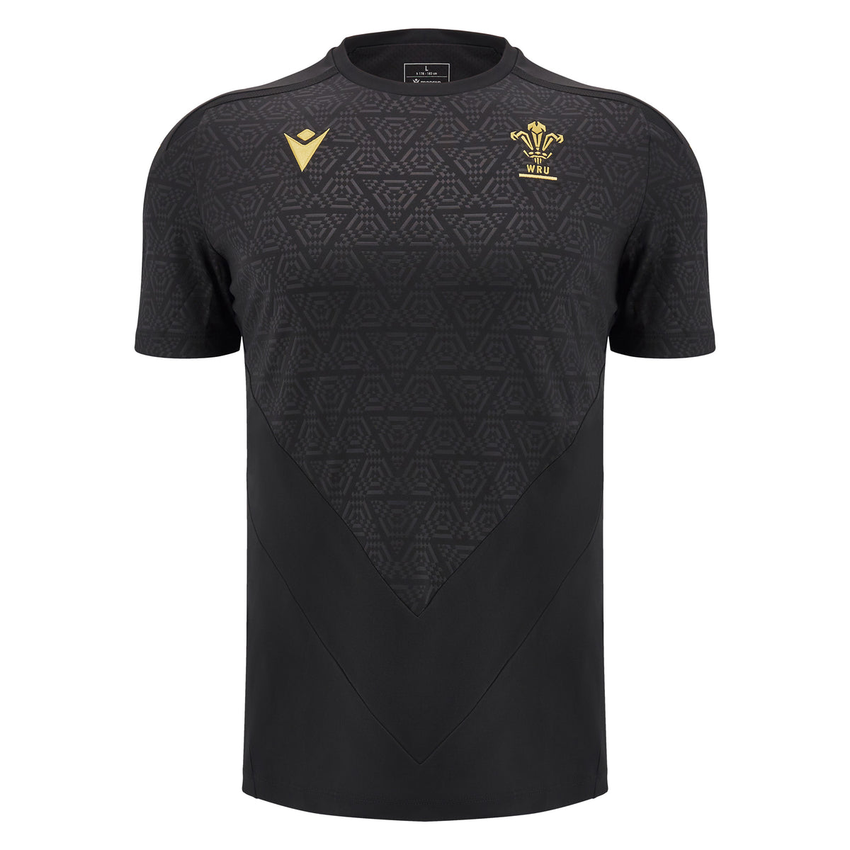 Maglia rugby Galles allenamento 2025 Total Black: Maglia da allenamento rugby nera del Galles con loghi WRU e Macron dorati.