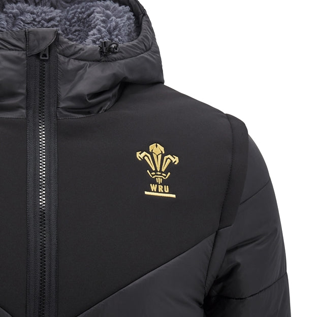 Bomber imbottito nero WRU Elite da uomo, con cappuccio e logo Galles dorato.
