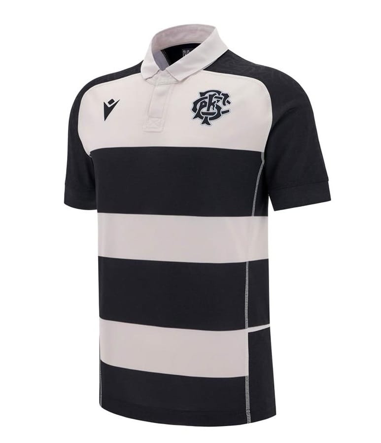 Maglia da rugby Barbarians home pro 24/25 a righe bianche e nere per ragazzo.