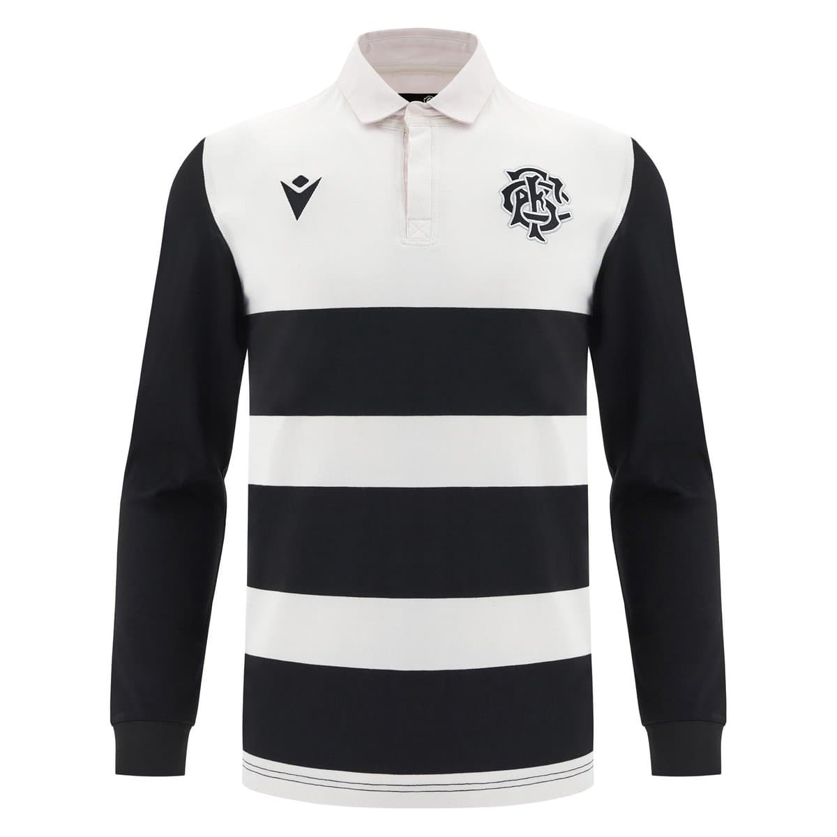 Maglia rugby Barbarians a maniche lunghe in cotone, bianco e nero a righe.