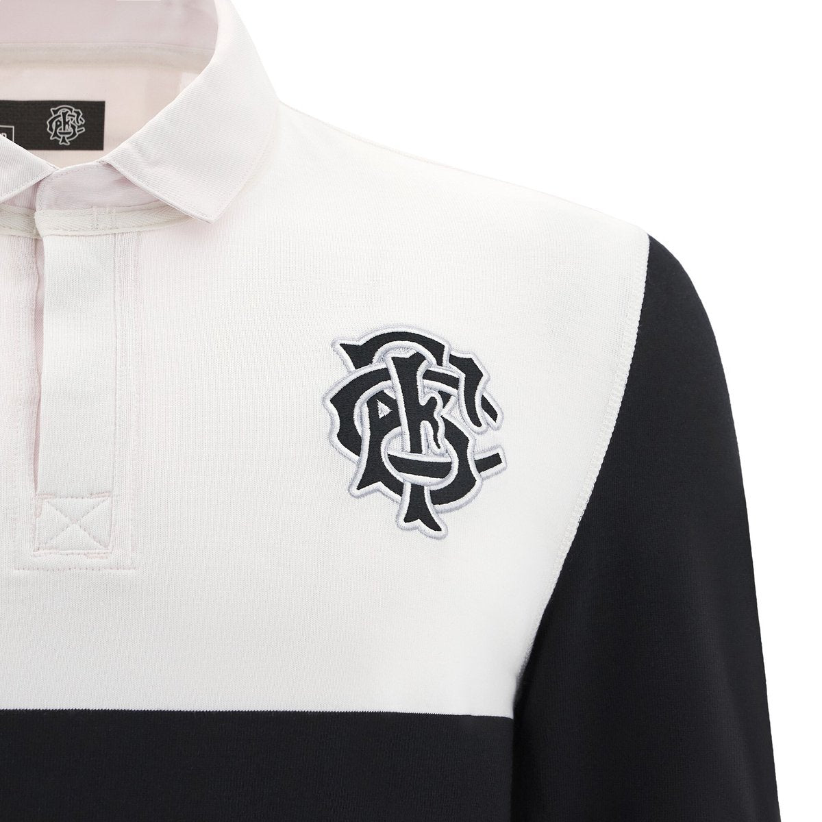 Maglia rugby Barbarians uomo, cotone bianco e nero, manica lunga, logo ricamato.