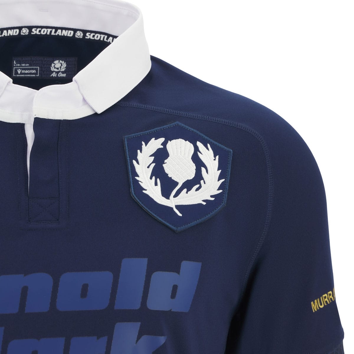 Maglia da rugby Scozia Macron blu con stemma nazionale e logo Macron.