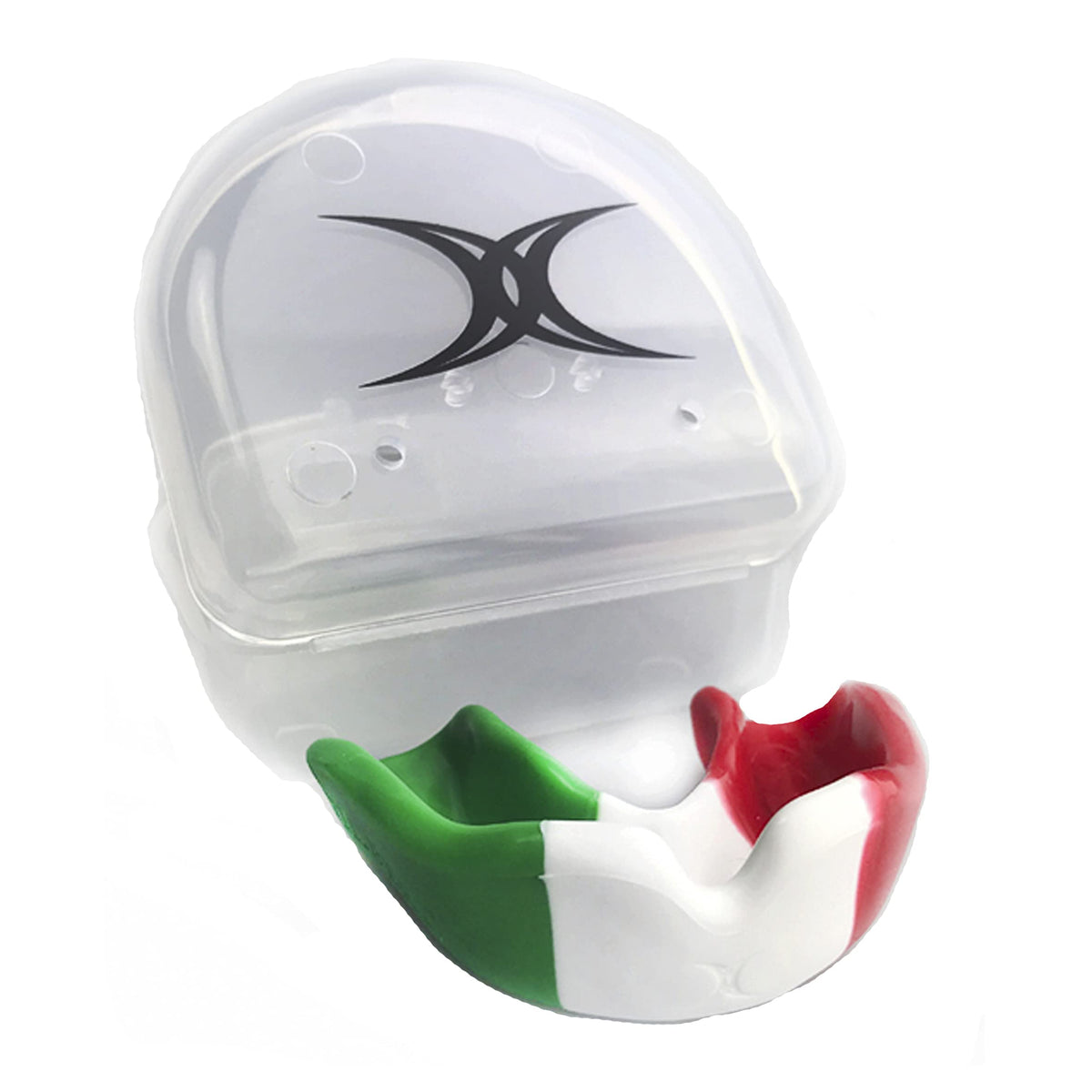 Paradenti Italia Gilbert Tricolore con disegno della bandiera italiana, in custodia protettiva trasparente.