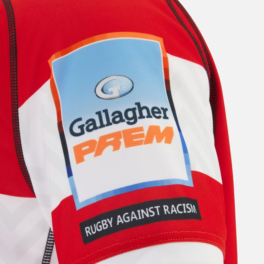 Maglia da rugby Gloucester 2026 Home PRO con logo Gallagher Premiership e scritta Rugby Against Racism.