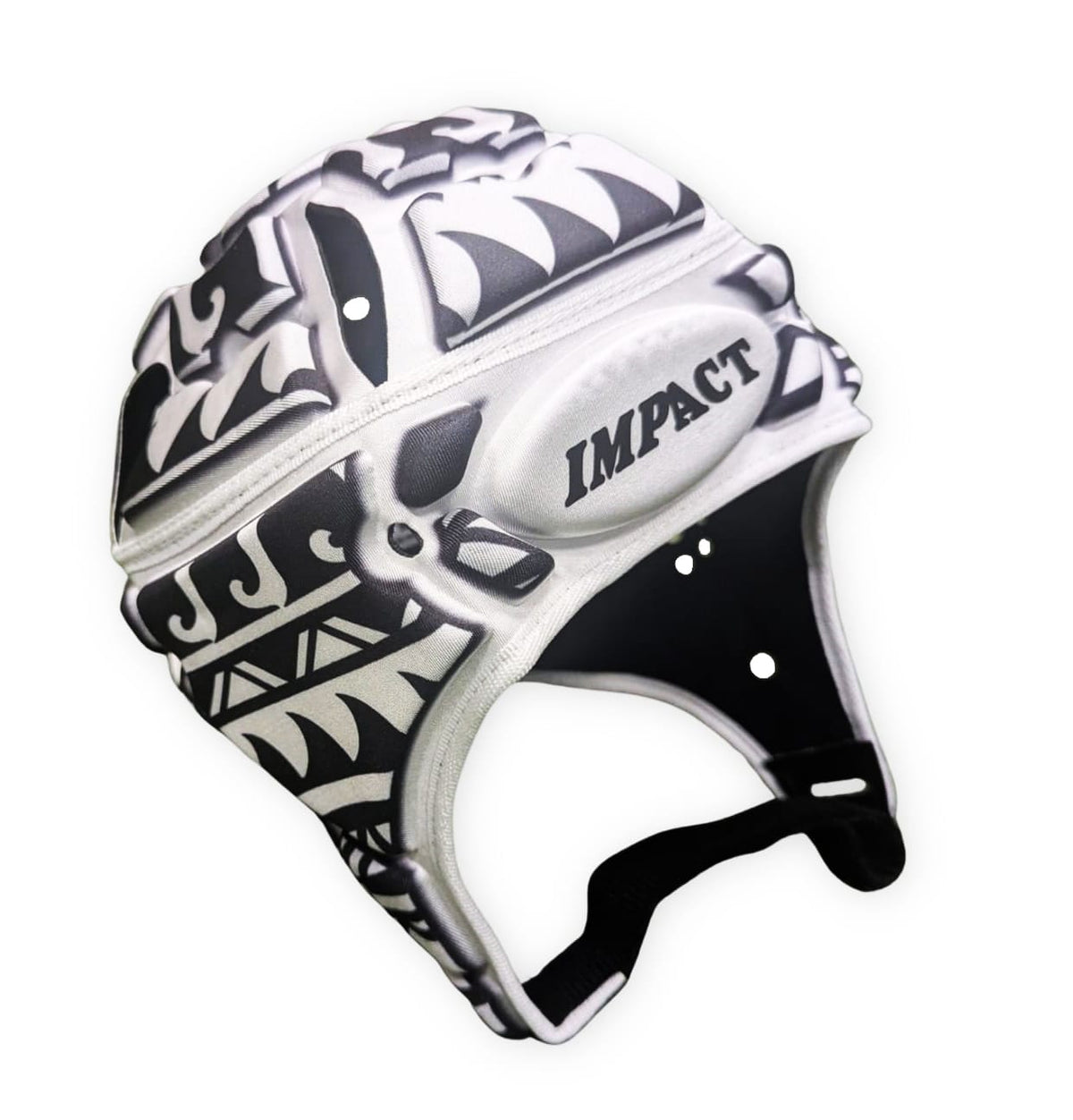 Caschetto da rugby Impact Polynesian White con design tribale e chiusura a velcro.