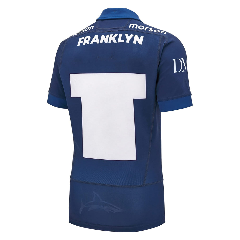 Maglia da rugby Sale Sharks Home Authentic M25 blu con nome e numero.
