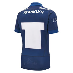 Maglia da rugby Sale Sharks Home Authentic M25 blu con nome e numero.