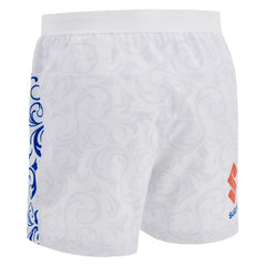 Pantaloncino da rugby Macron Italia gara away bianco con dettagli blu e logo arancione.