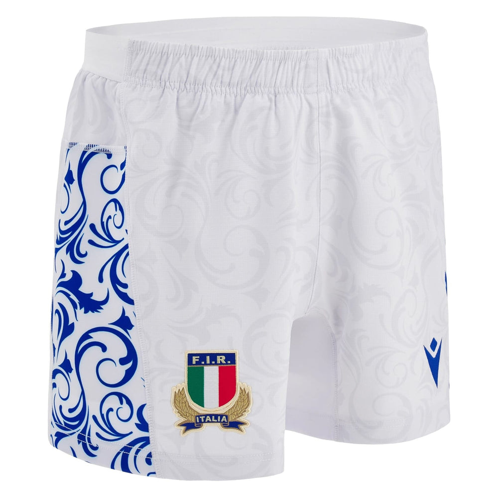 Pantaloncino rugby Italia gara away Macron bianco con dettagli blu e stemma FIR.