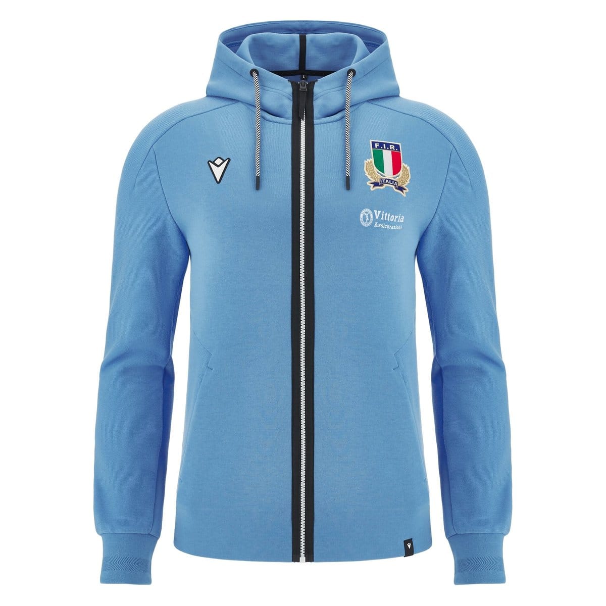 Felpa Rugby Italia Athl: Felpa con cappuccio e zip blu della nazionale italiana di rugby, collezione Rhodos 2025. Presenta il logo della squadra e il marchio dello sponsor.