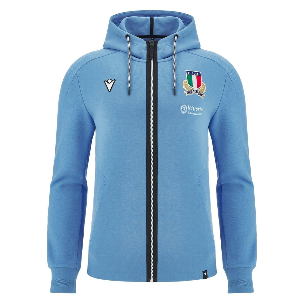 Felpa Rugby Italia Athl: Felpa con cappuccio e zip blu della nazionale italiana di rugby, collezione Rhodos 2025. Presenta il logo della squadra e il marchio dello sponsor.