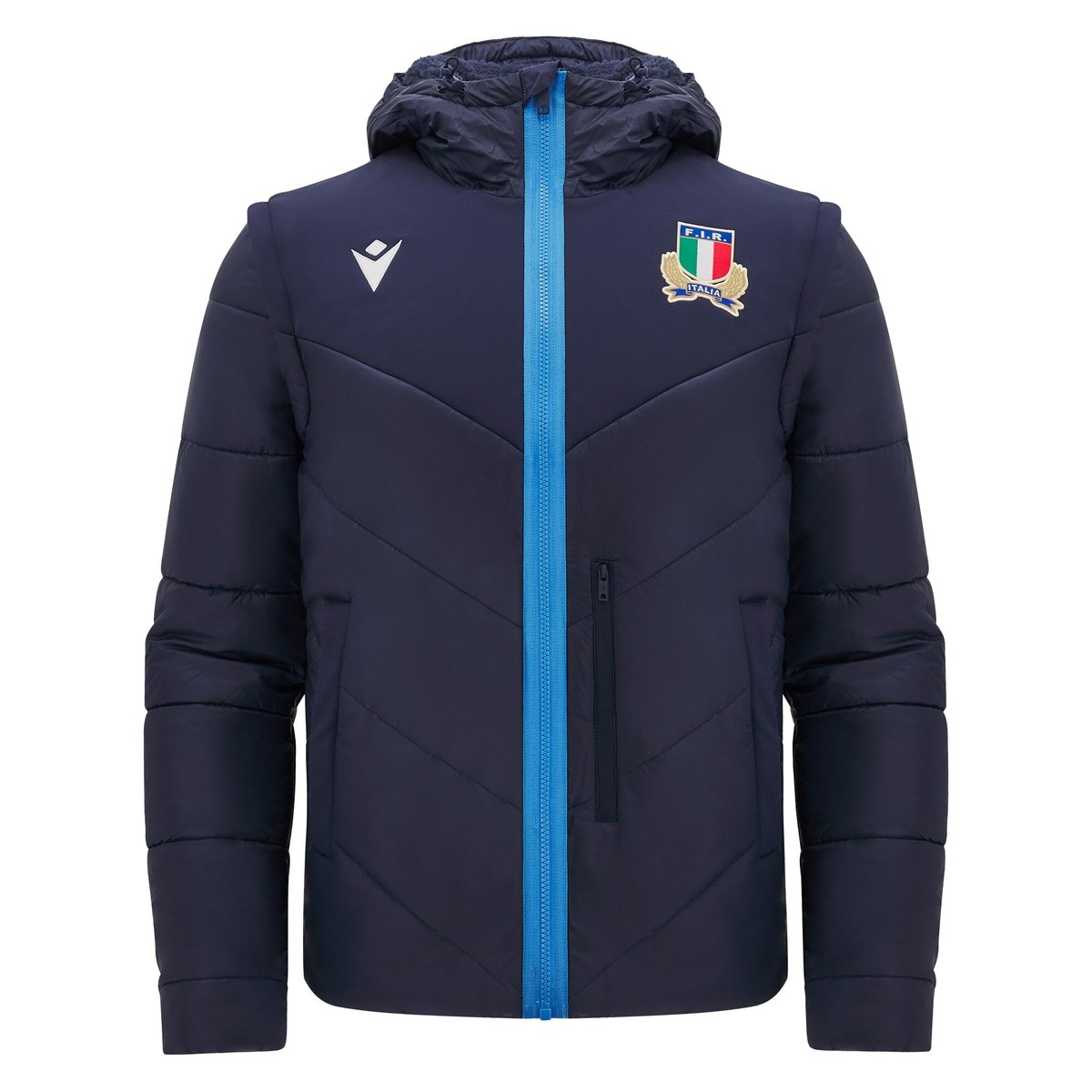 Piumino smanicabile blu navy Italia Rugby Macron con logo federale.