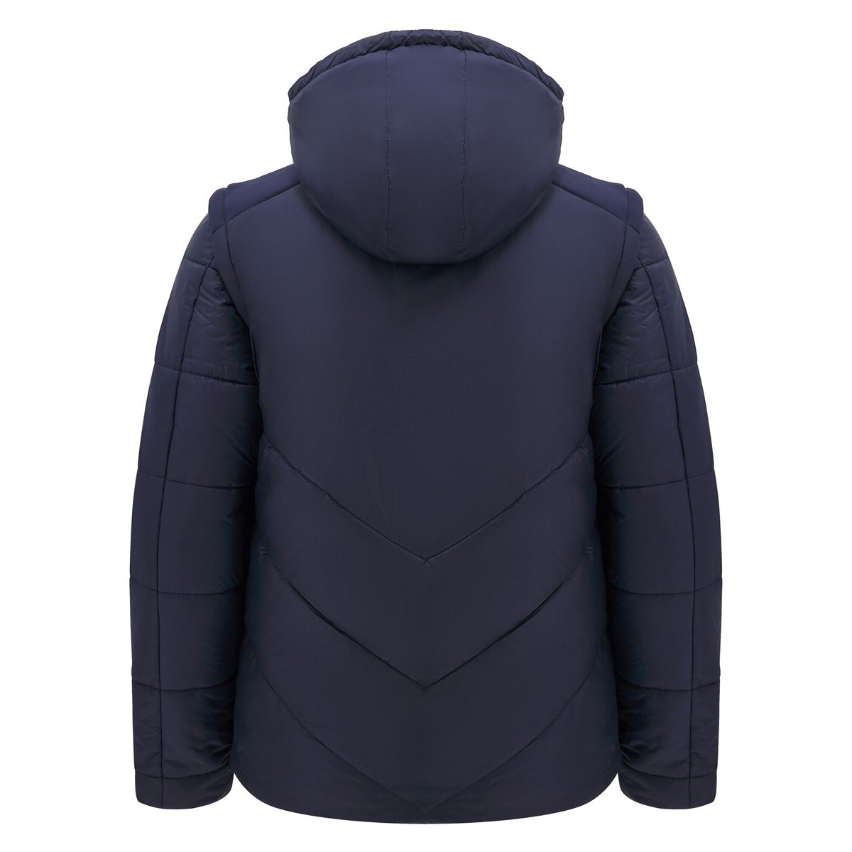 Giacca bomber imbottita blu scuro, modello Italia Rugby M25, con cappuccio rimovibile.