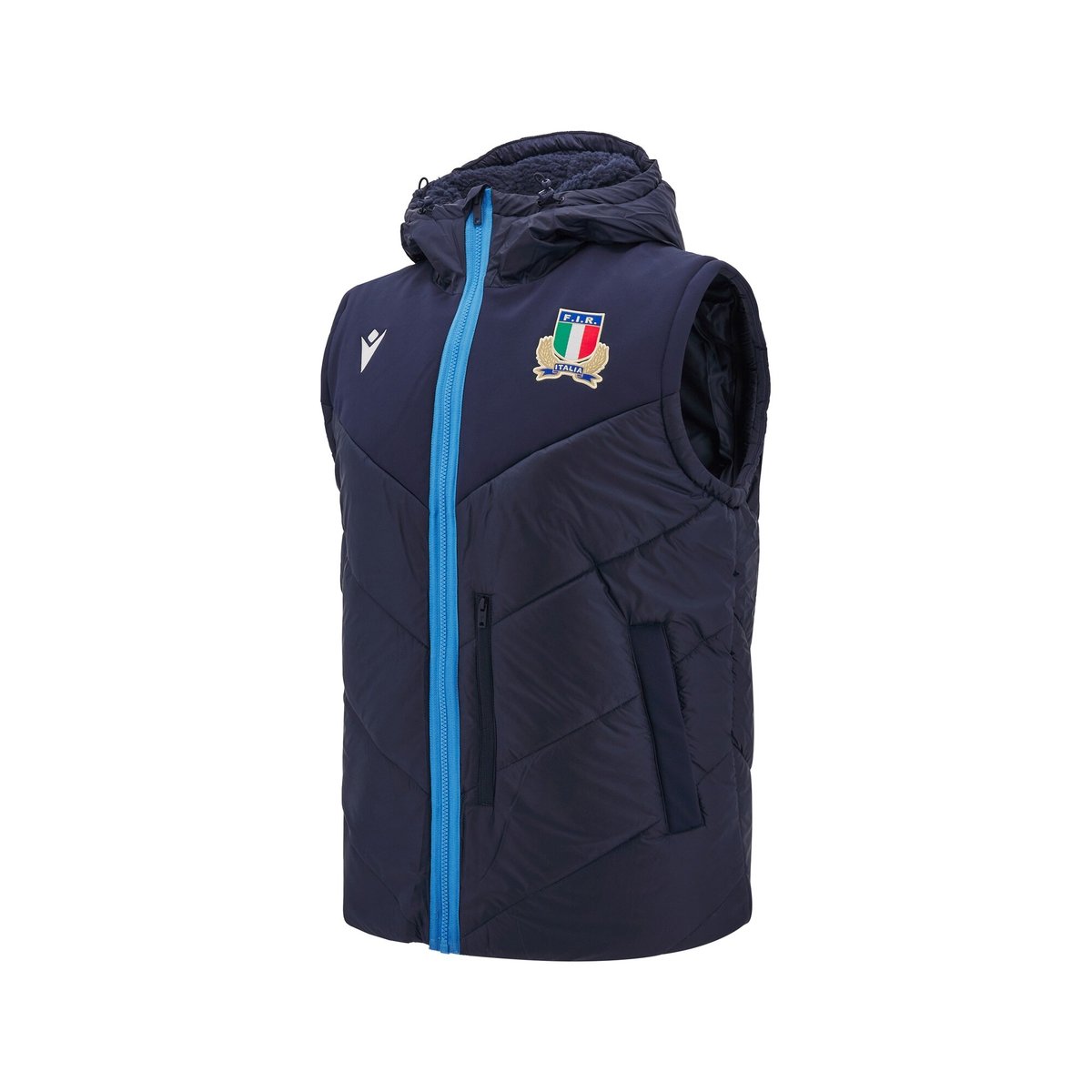 Gilet imbottito blu Macron Italia Rugby con zip azzurra e stemma federale.