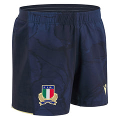 Pantaloncino da rugby Italia gara away Macron blu con stemma FIR.
