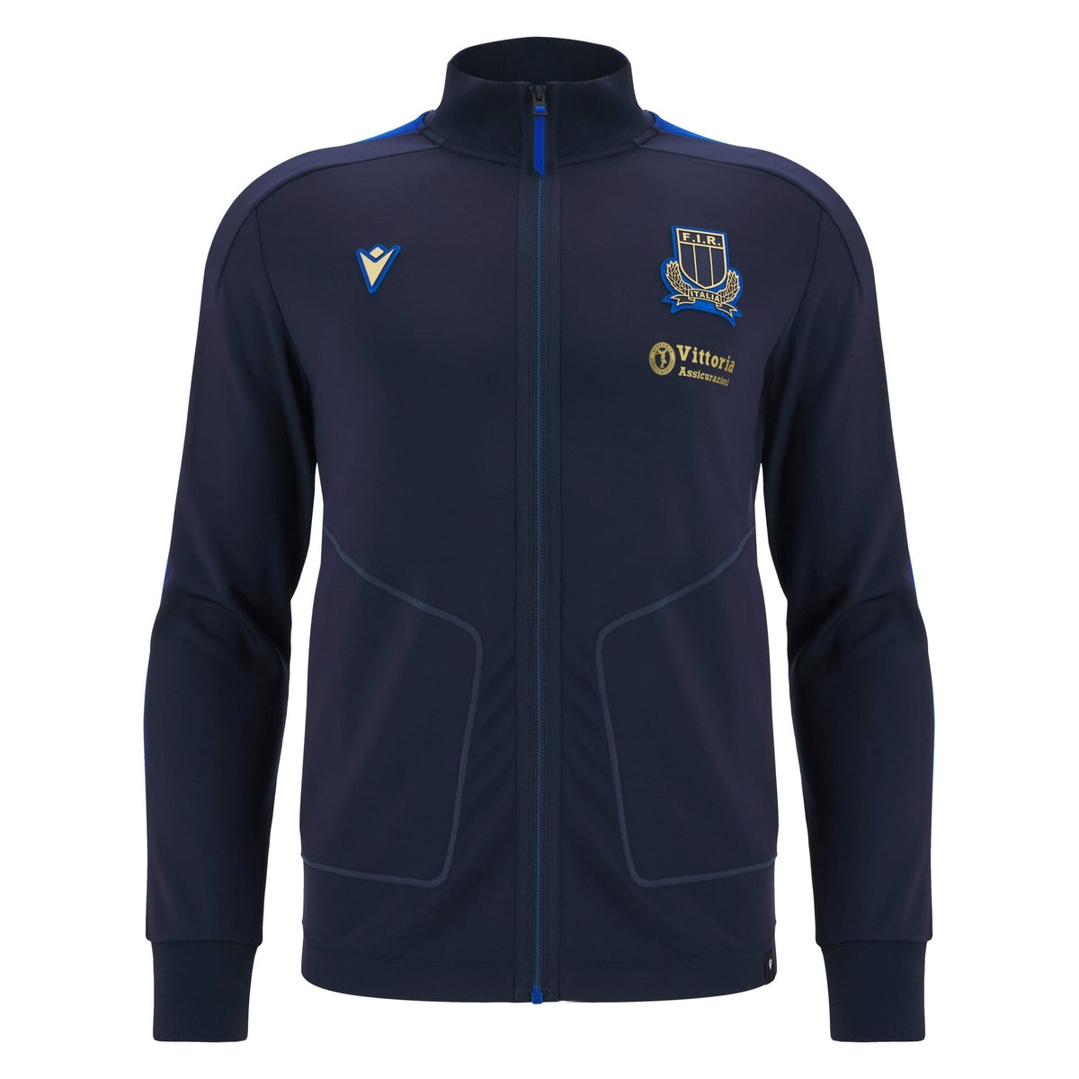 Giacca da allenamento Macron Rugby Italia blu navy con logo federale e sponsor.