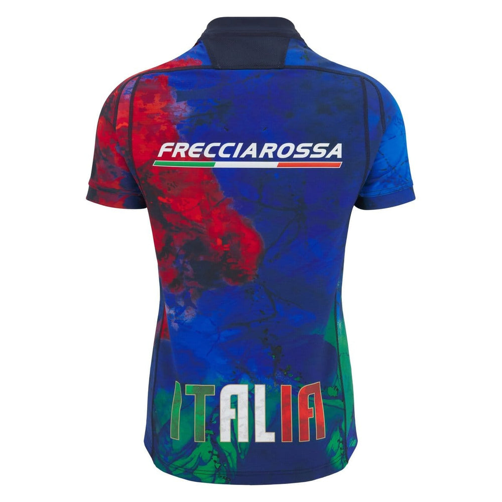 Maglia da allenamento rugby Italia Frecciarossa, design blu con dettagli rosso e verde.