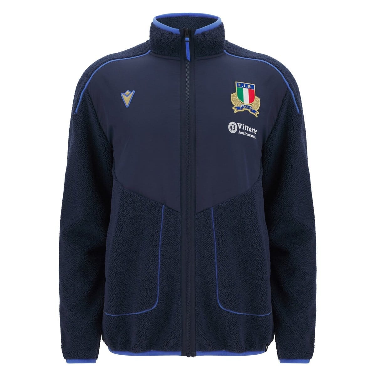 Giacca da rugby FIR Italia in pile teddy blu navy con zip lunga e logo.